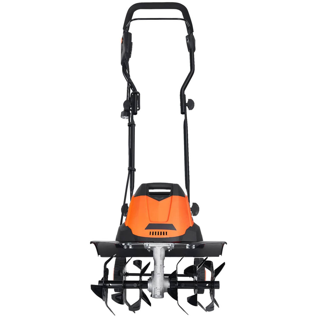 Corded electric tiller cultivator with orange motor housing and front rotating tines