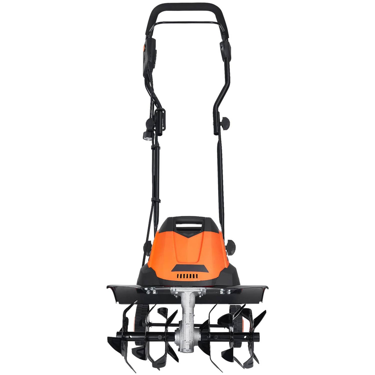 Corded electric tiller cultivator with orange motor housing and front rotating tines