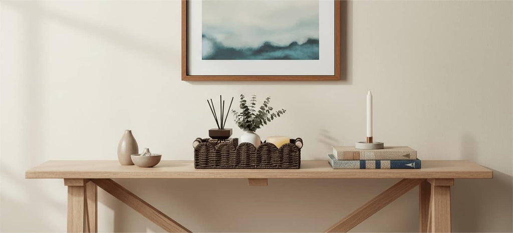Brown woven toilet paper storage basket on a shelf with upright rolls and decor