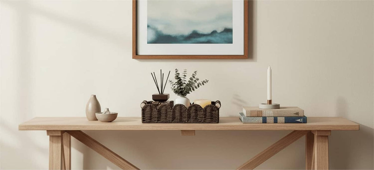 Brown woven toilet paper storage basket on a shelf with upright rolls and decor