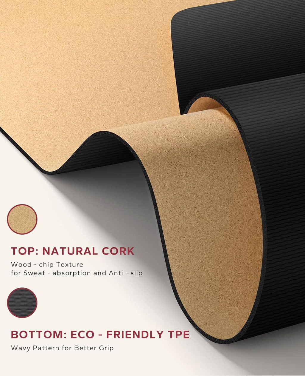 Cork yoga mat close-up showing tan cork top and black ribbed anti-slip underside edge