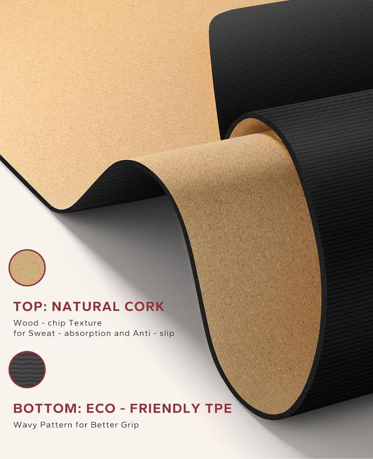 Cork yoga mat close-up showing tan cork top and black ribbed anti-slip underside edge