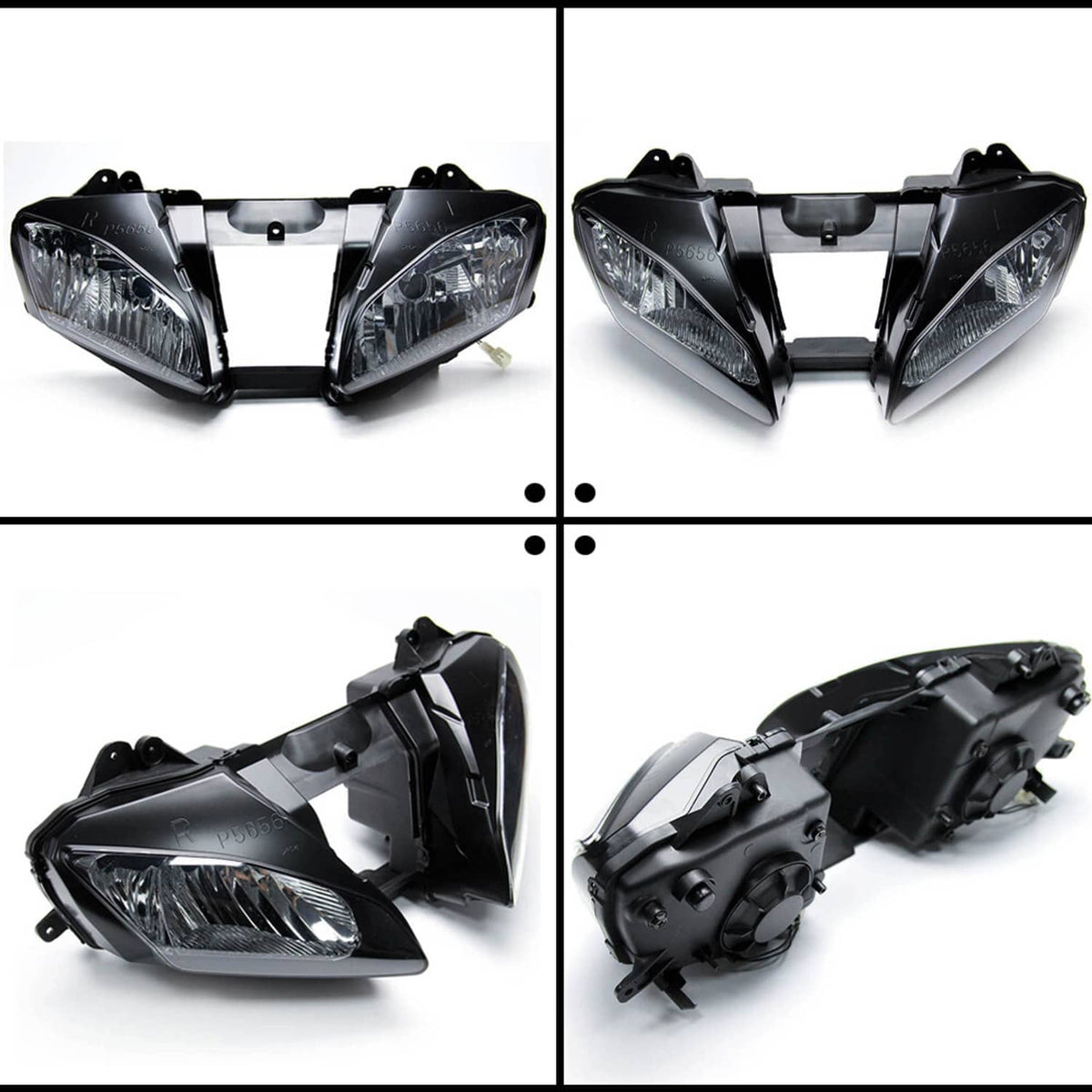 Front headlight assembly set showing front, angled, and rear views with clear lens
