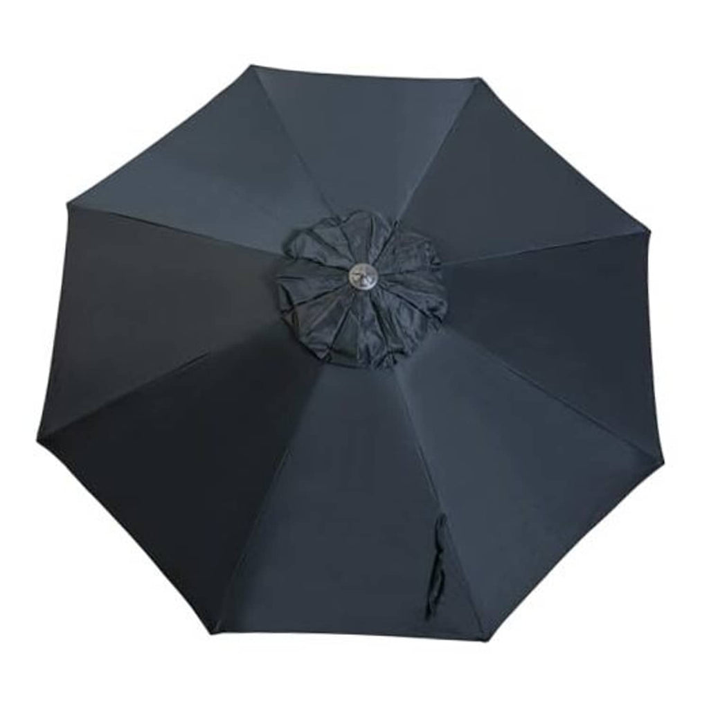 Black patio umbrella canopy with gathered vent at center and eight-panel ribs