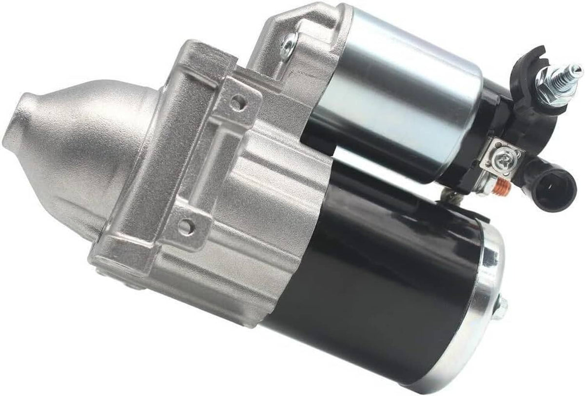 Starter motor with silver end cap and black cylindrical body, electrical connection points