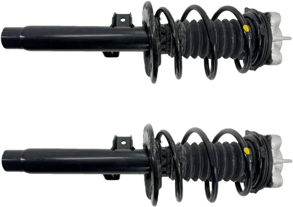 Front shock absorber strut assembly, black coil spring on black strut body.