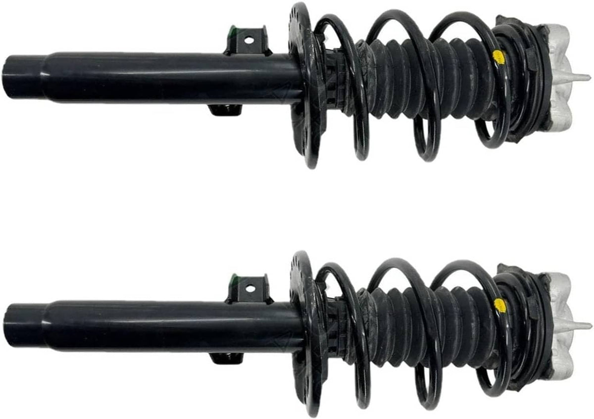 Front shock absorber strut assembly, black coil spring on black strut body.