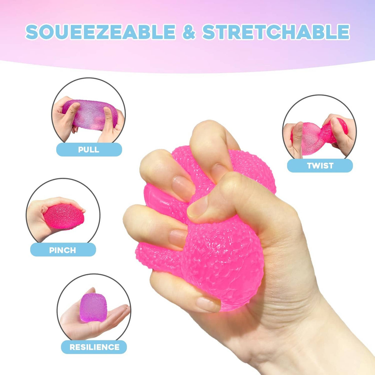 Stretchable pink squishy stress ball squeezed and twisted by a hand