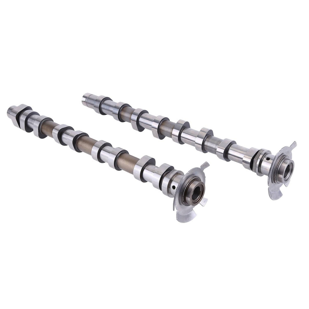 Camshafts with flange ends, side profile view of two replacement shafts