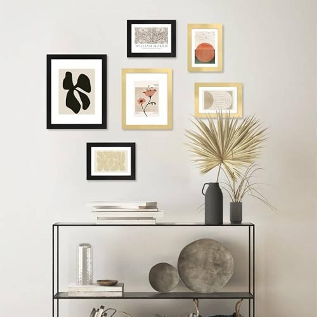 Wall display of black 4x6 picture frames with glass, arranged in a grid