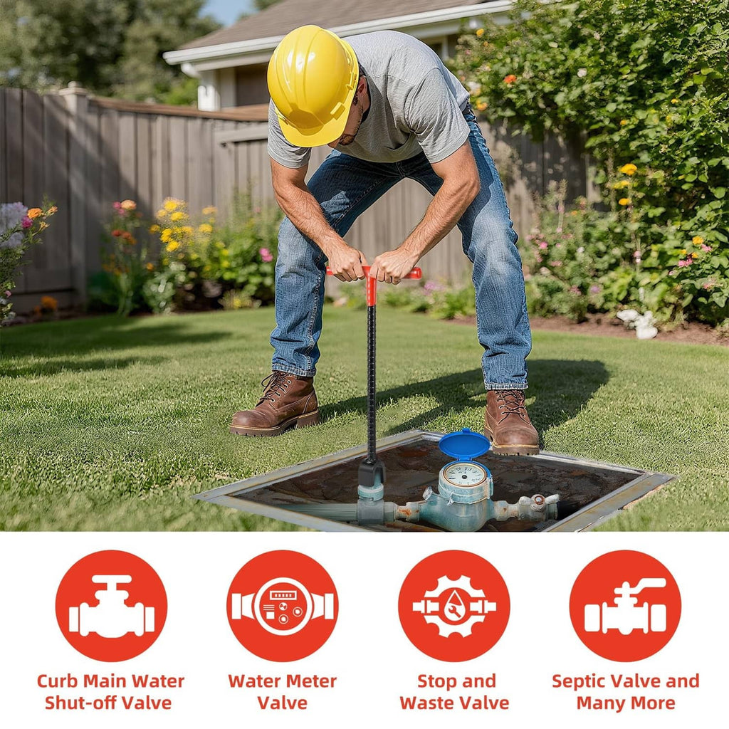 Water meter shut-off key tool held in hands with red handle and black shaft
