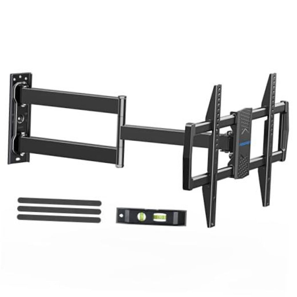 Black corner TV wall mount with hinged arms and mounting plate, hardware included