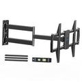 Black corner TV wall mount with hinged arms and mounting plate, hardware included