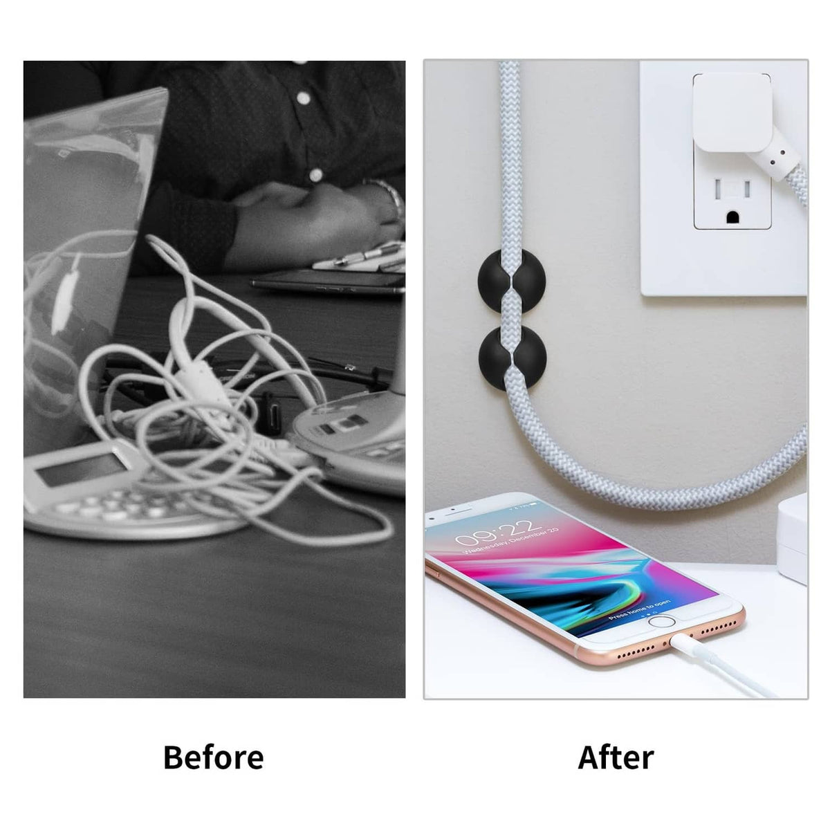Black cord holder organizing charging cable, shown before and after installation