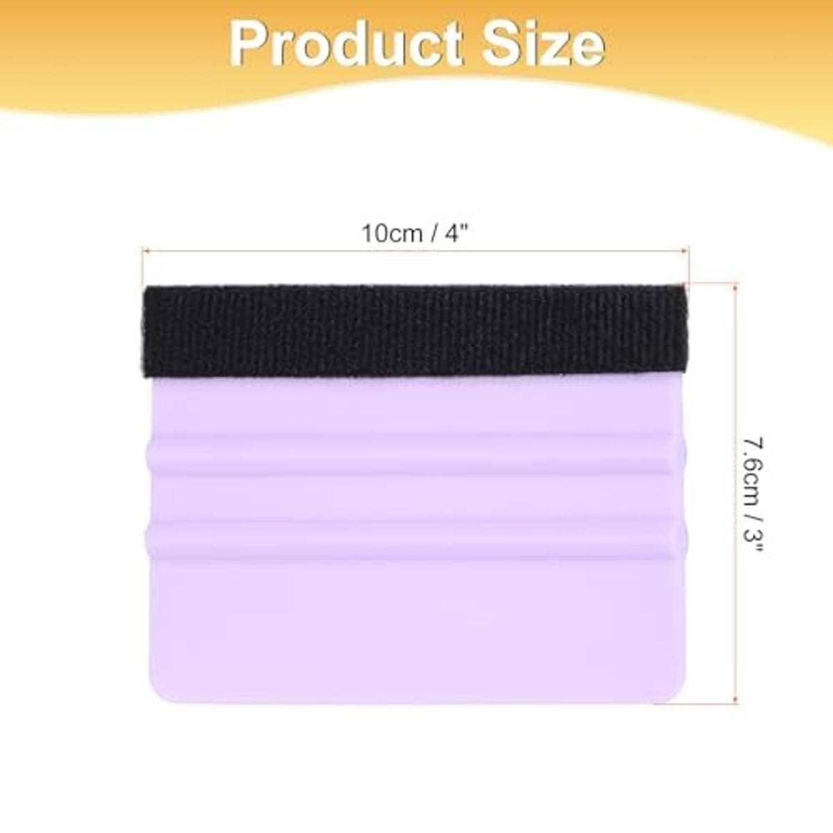 Purple 4-inch vinyl squeegee with felt edge and black handle strip, size view