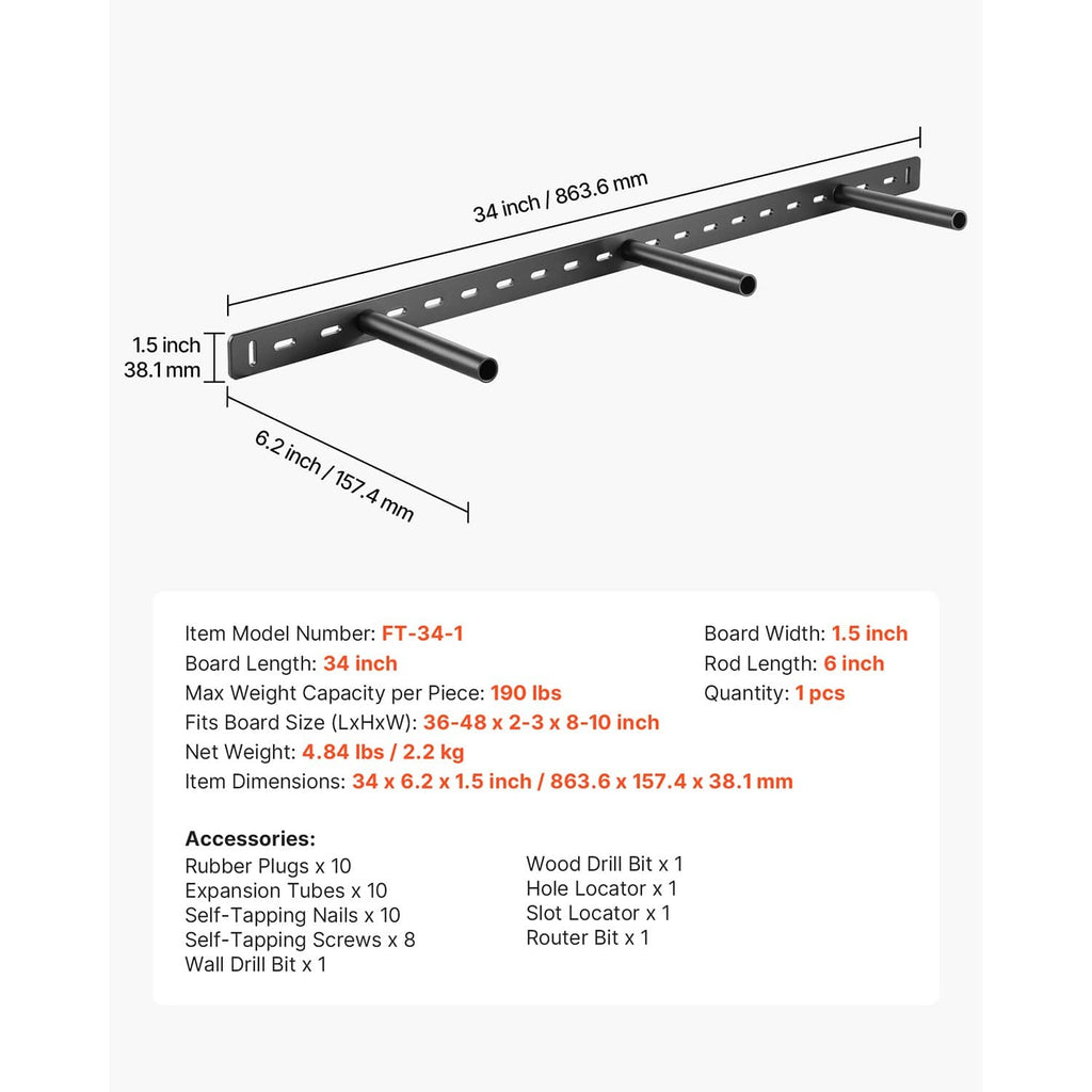34 in floating shelf bracket, black perforated steel rail with three support rods