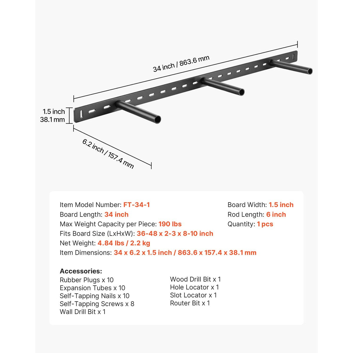 34 in floating shelf bracket, black perforated steel rail with three support rods