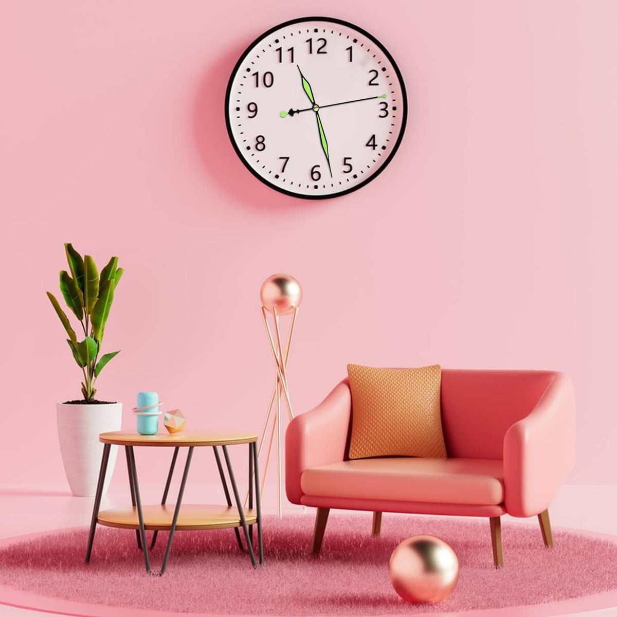 Wall clock with black frame, white dial, and green minute and hour hands