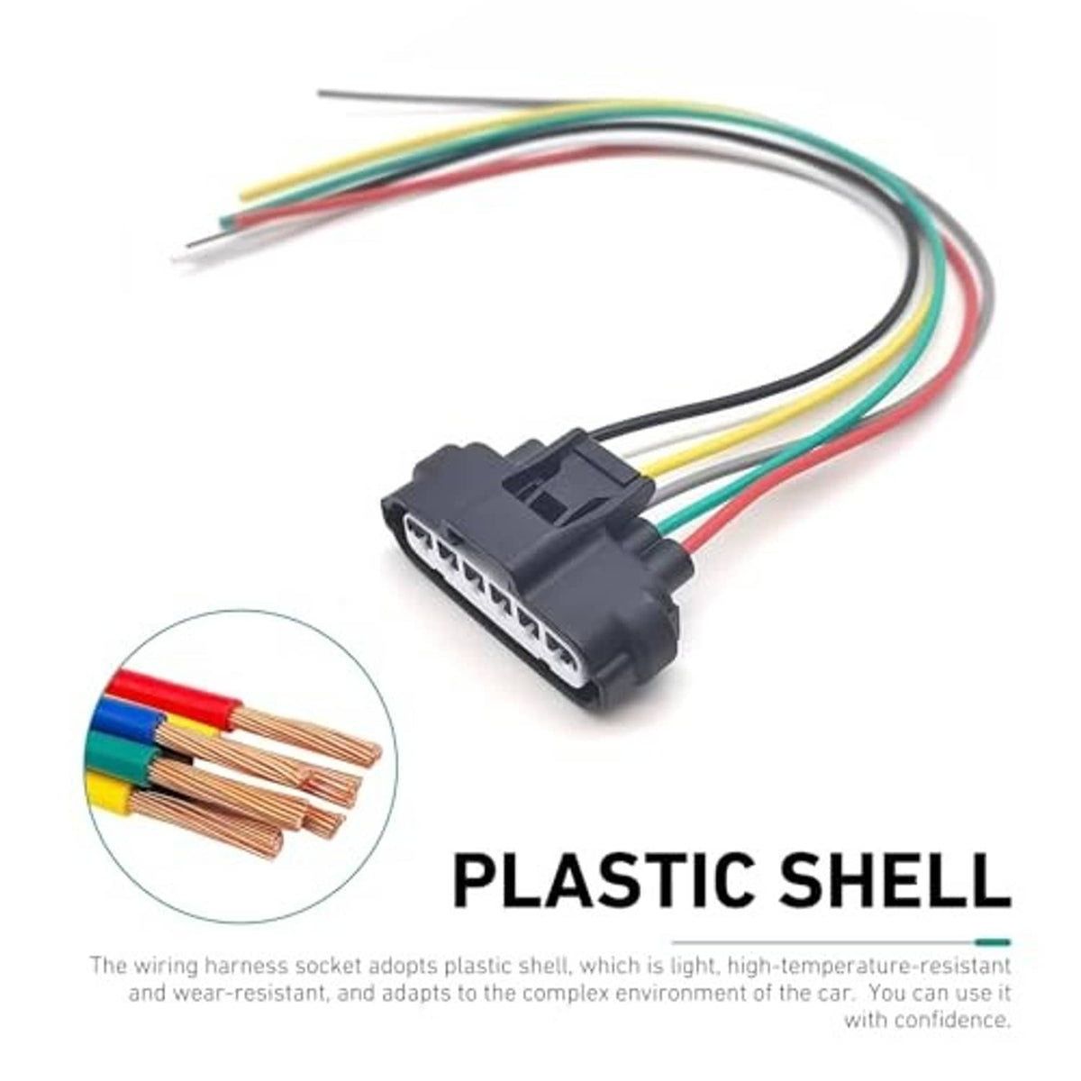 Throttle sensor wiring pigtail with black 6-pin plug and multi-colored wires, cable leads