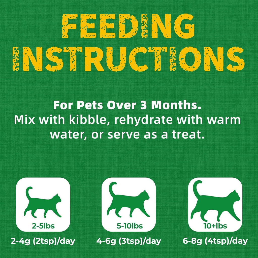 Feeding instructions chart for cat grass treats with serving amounts by weight