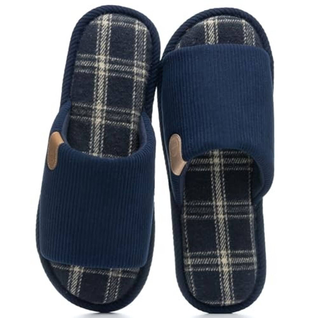 Set of dark blue corduroy slippers showing plaid inner lining and slip-on style