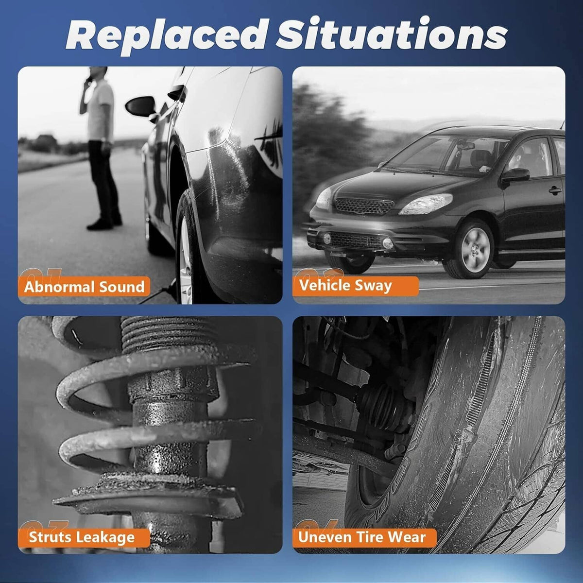Front shock absorber replacement infographic with four suspension issue callouts