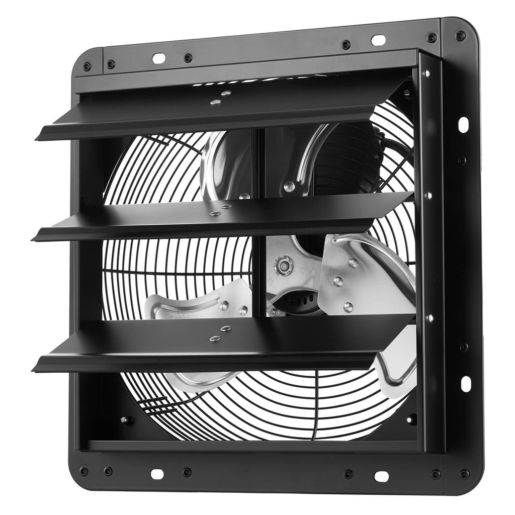 Wall-mount shutter exhaust fan with black frame, louver shelves, and fan housing