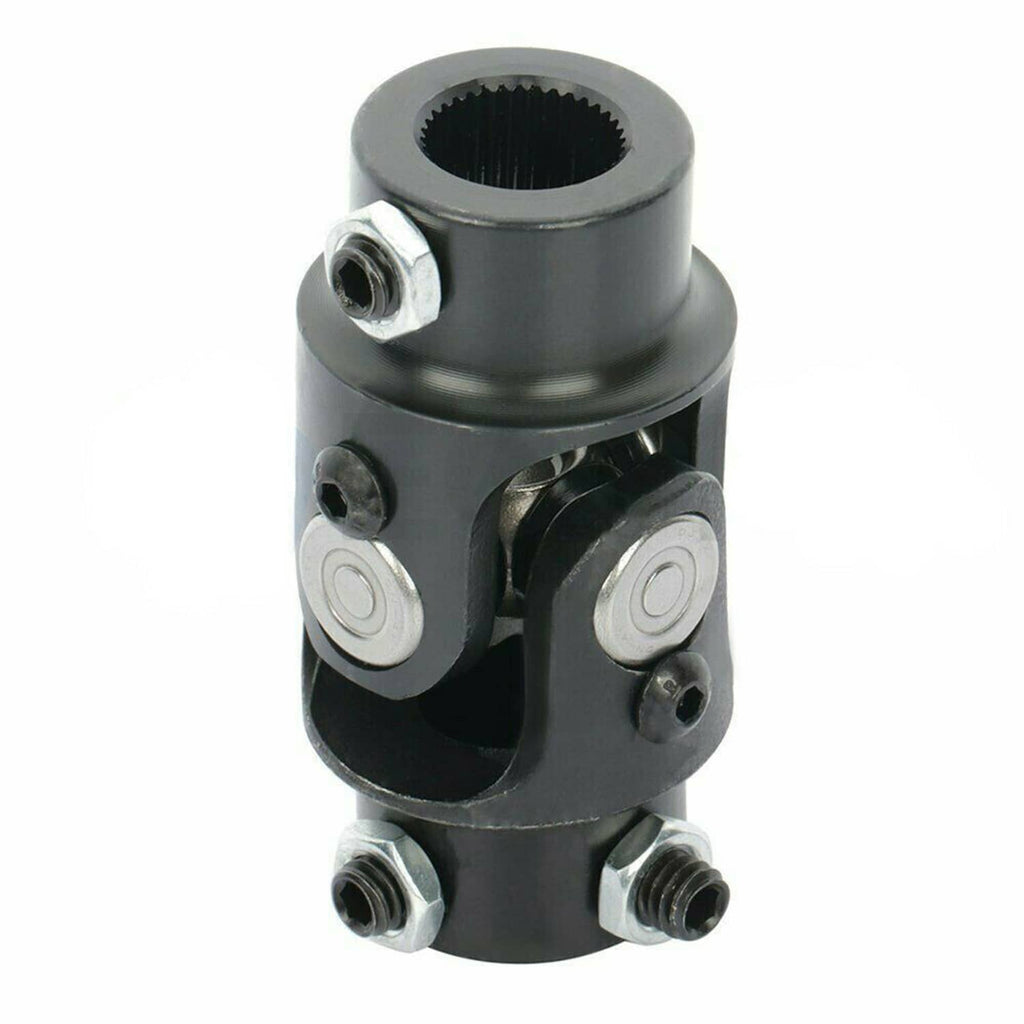 Black steering U-joint shaft side view with twin yoke plates and threaded studs
