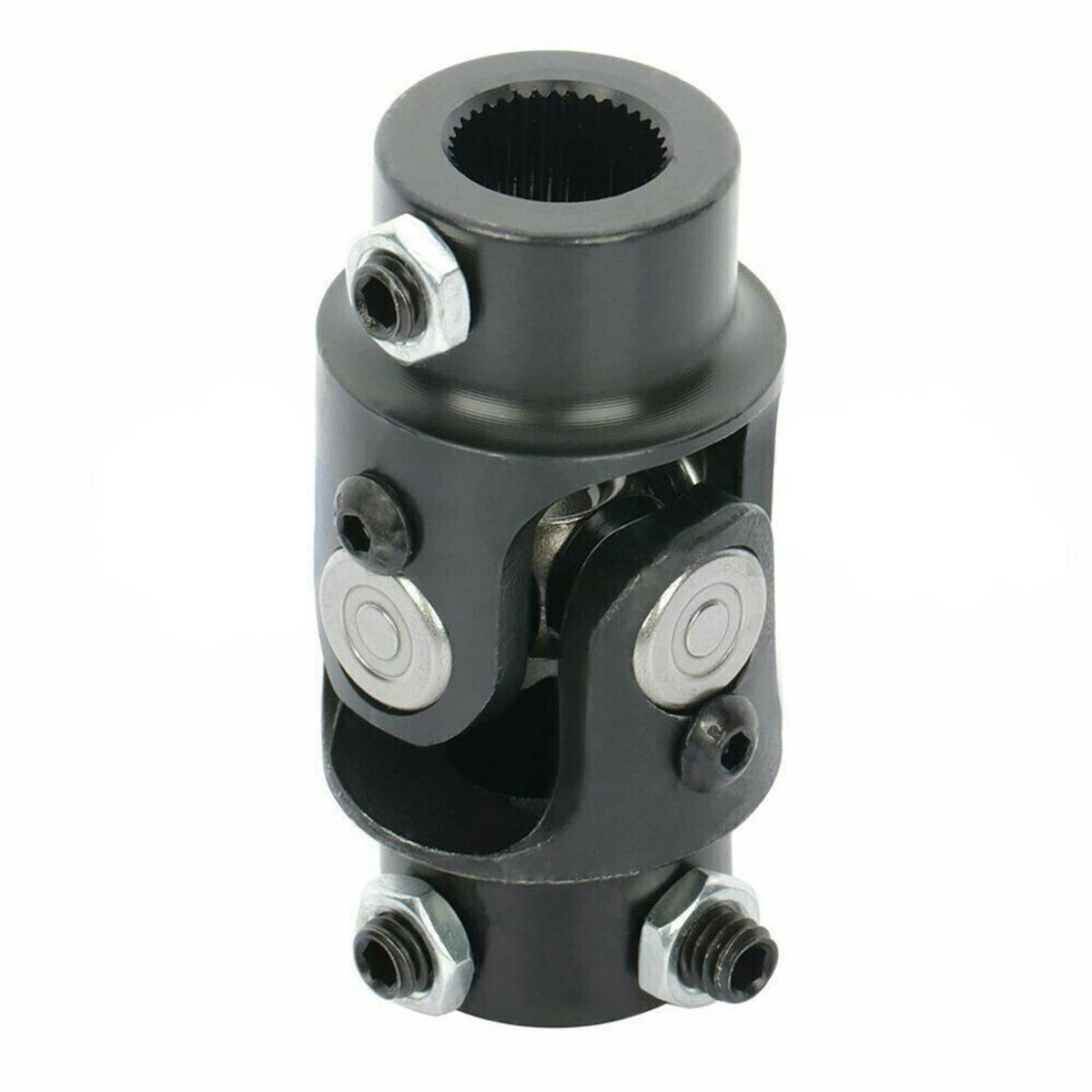 Black steering U-joint shaft side view with twin yoke plates and threaded studs