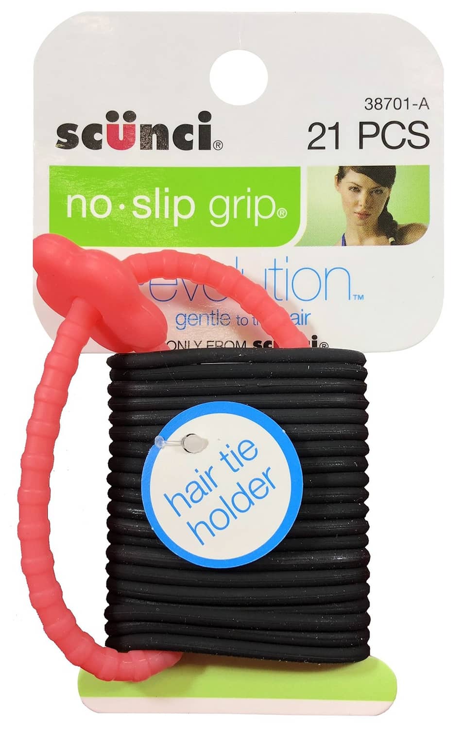 Scunci no-slip grip gel ponytailers set with red holder, 21 black hair ties