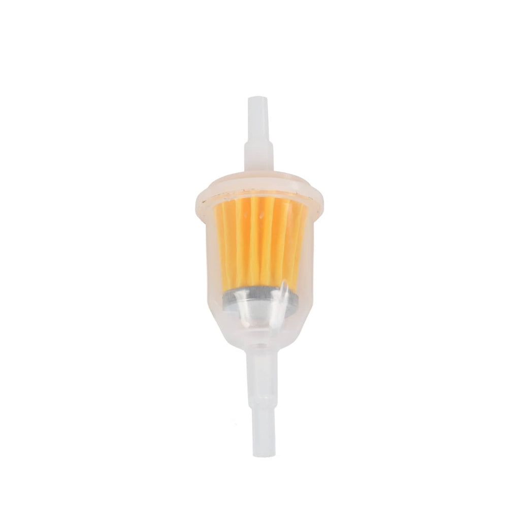 Inline fuel filter with orange media inside clear housing and white ends