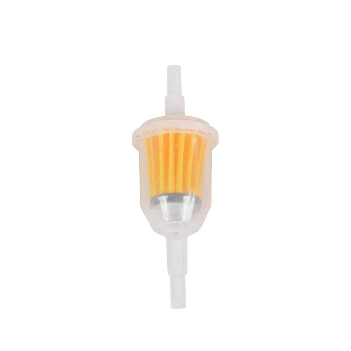 Inline fuel filter with orange media inside clear housing and white ends