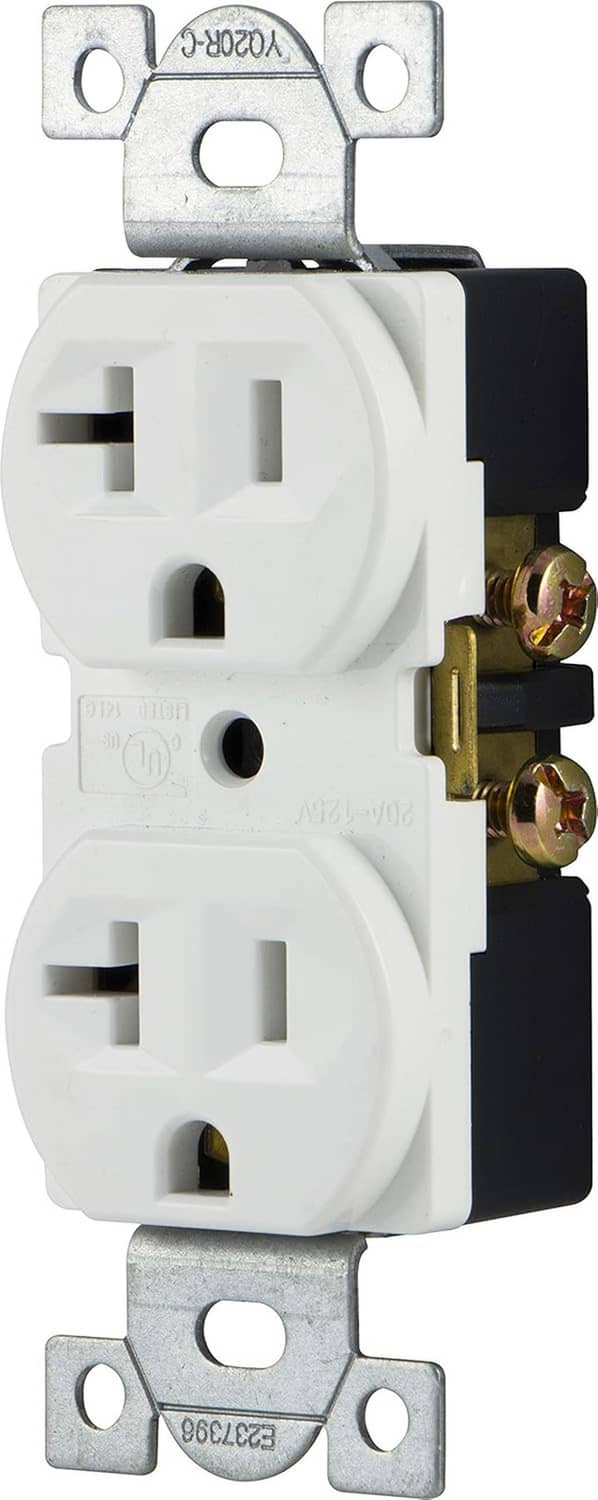 White duplex tamper-resistant receptacle with side terminals and metal mounting bracket
