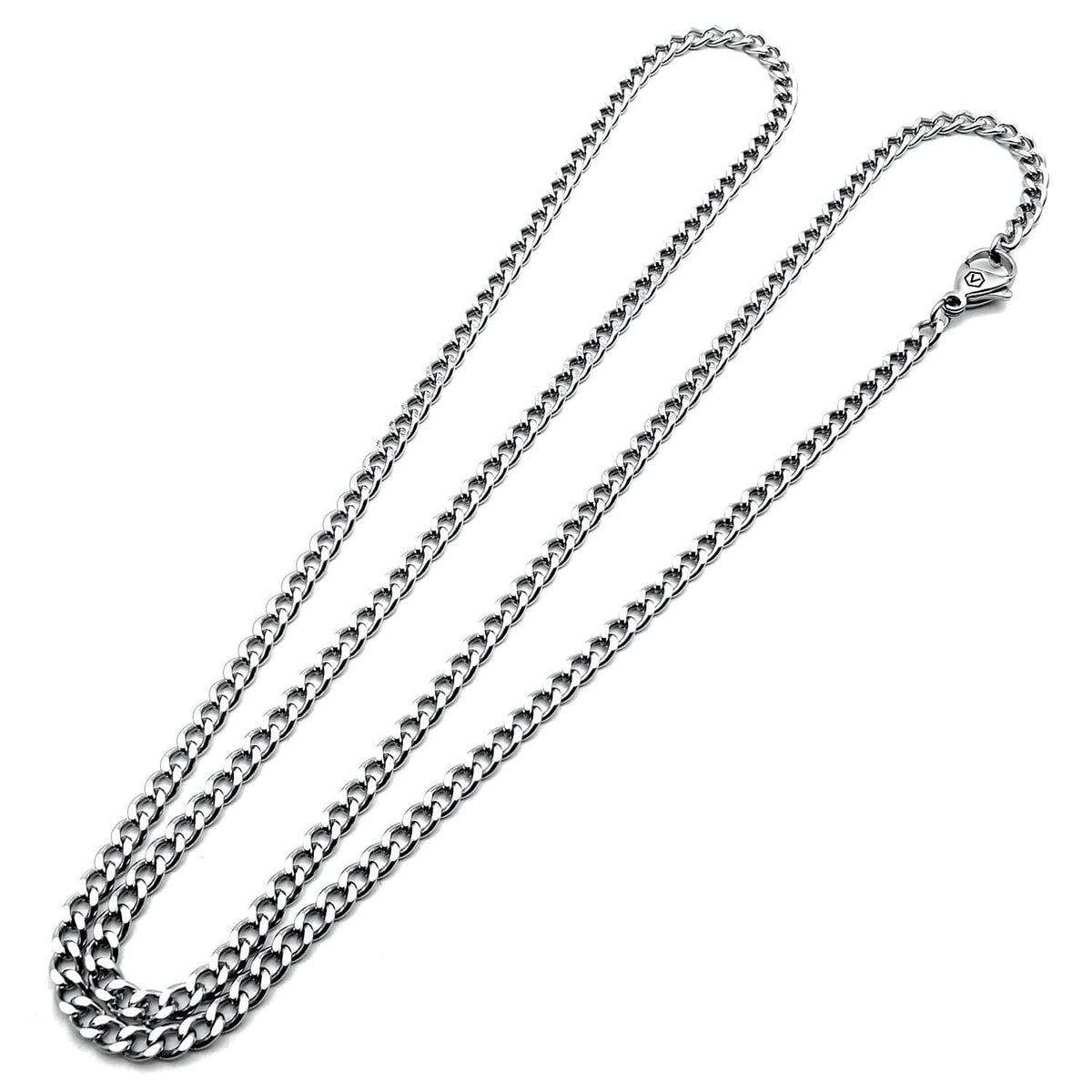 Silver curb link chain necklace with open links and lobster clasp, straight view