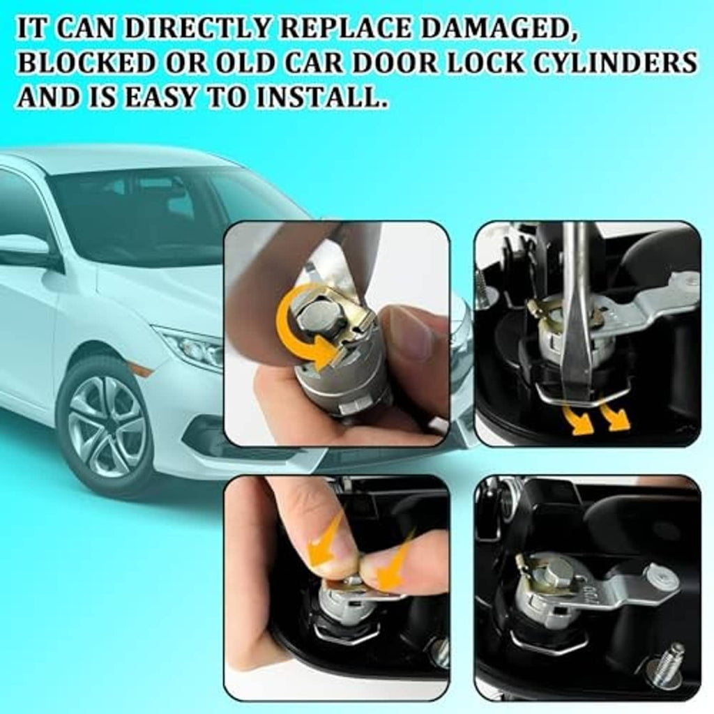 Silver car door lock cylinder set with two keys shown during installation