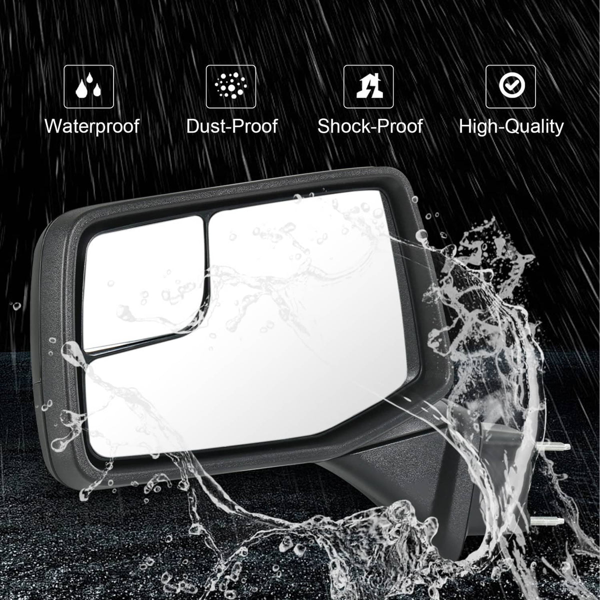 Black driver-side door mirror with water-splash protection effect on glass