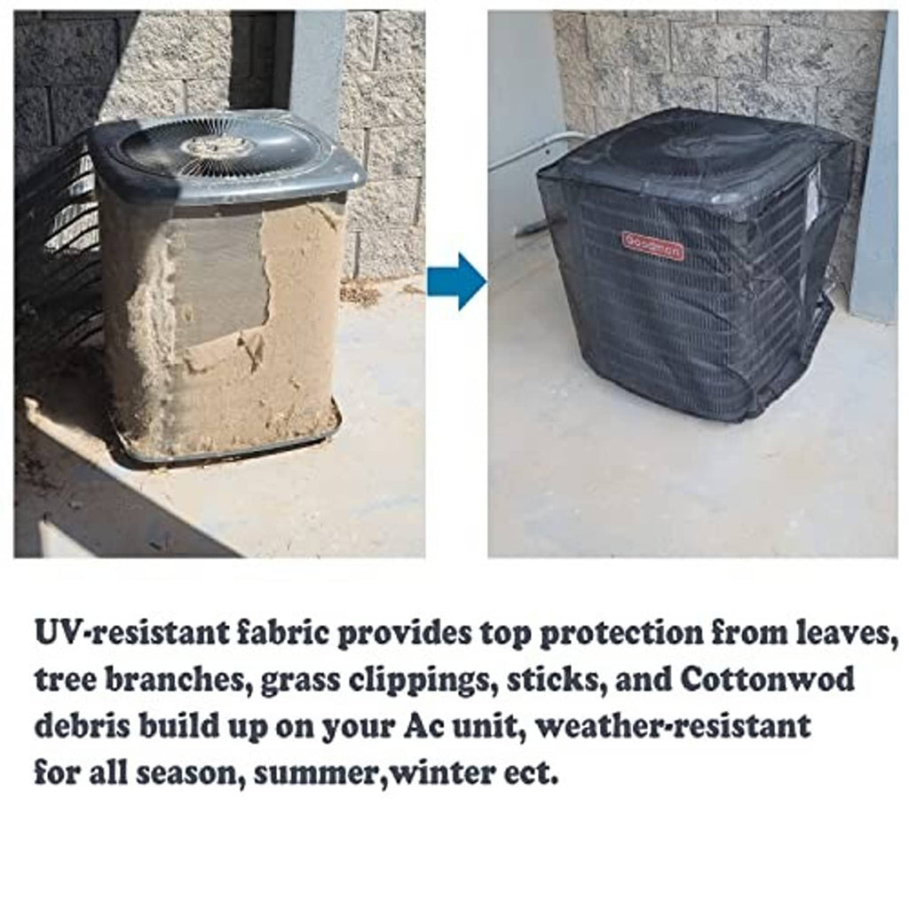 Grey mesh air conditioner cover draped over outdoor unit