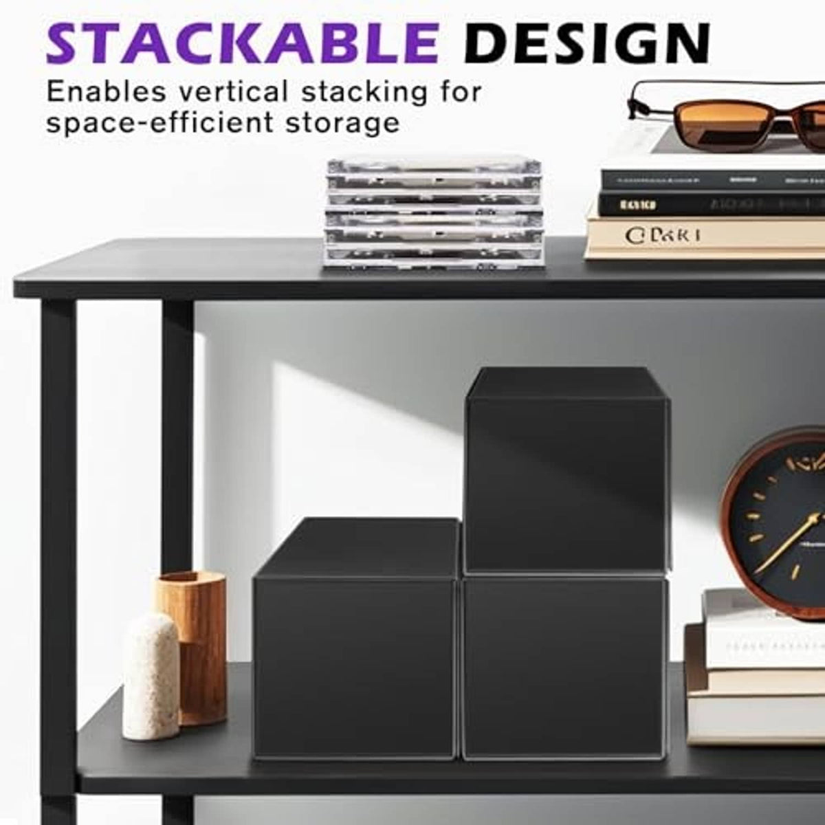 Black stackable CD storage boxes, compact media holders with flat lids