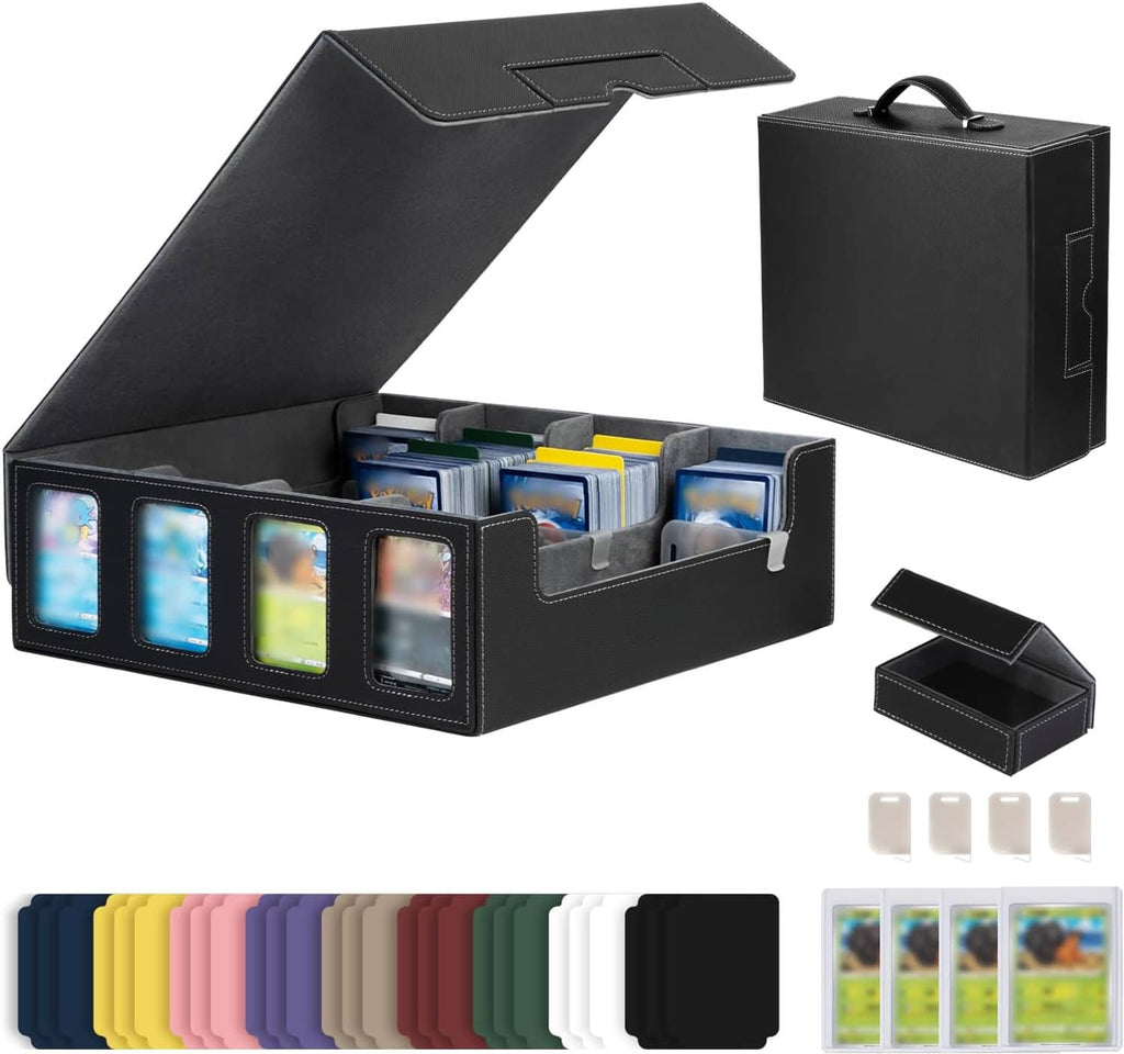 Black PU leather trading card storage case with hinged lid, window pockets, and supporter inserts