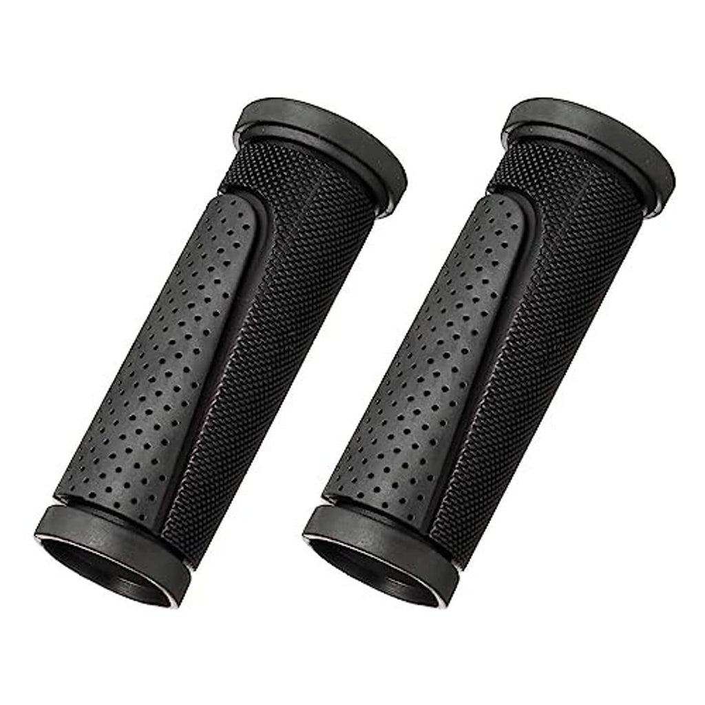 Black bicycle handlebar grips set with textured perforated sleeves and end caps