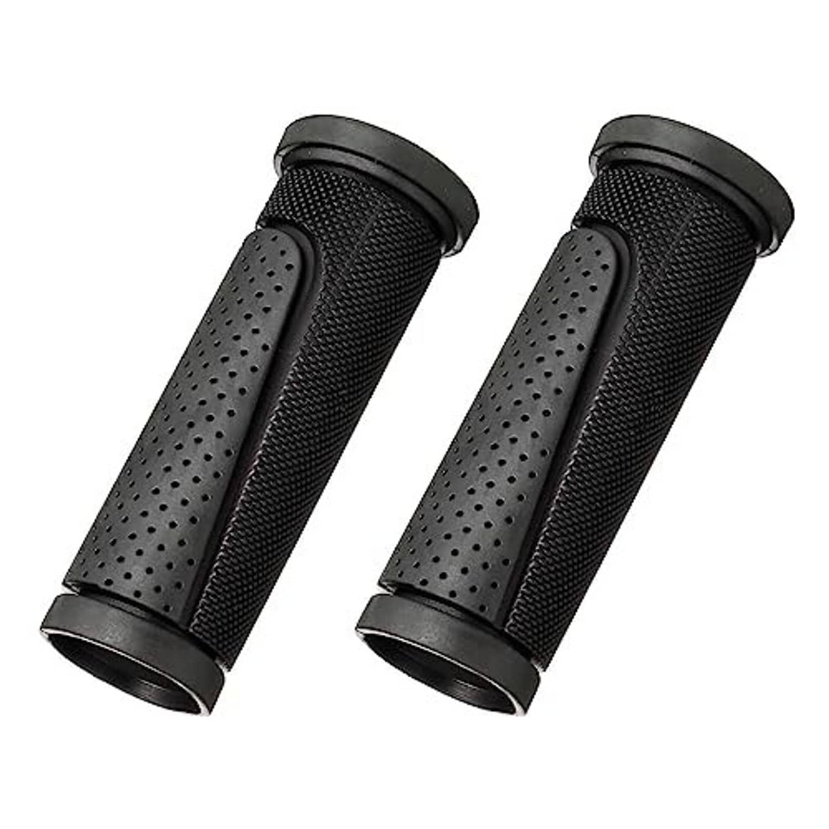 Black bicycle handlebar grips set with textured perforated sleeves and end caps