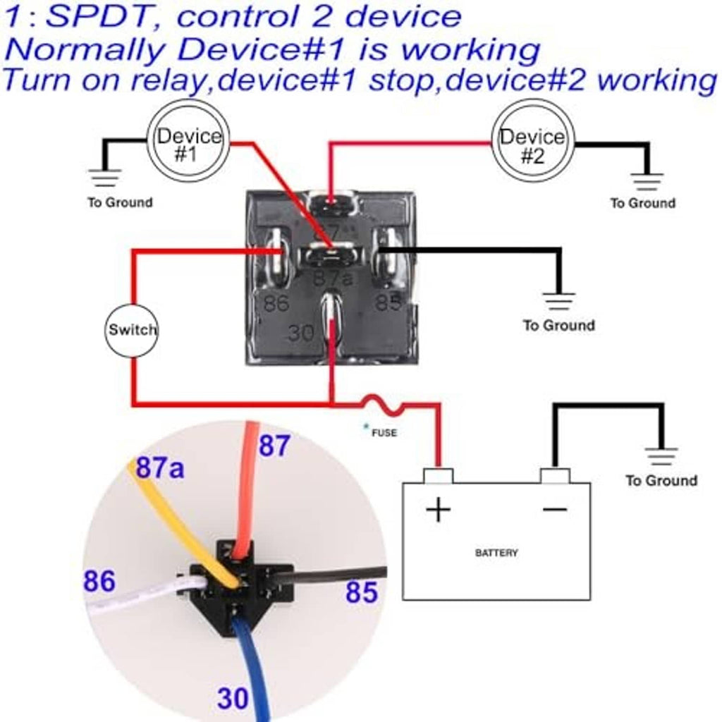 SPDT relay harness wiring diagram controlling two devices with ground connections