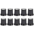 Set of 10 6mm shaft hole knobs, black knurled sides with white top inserts