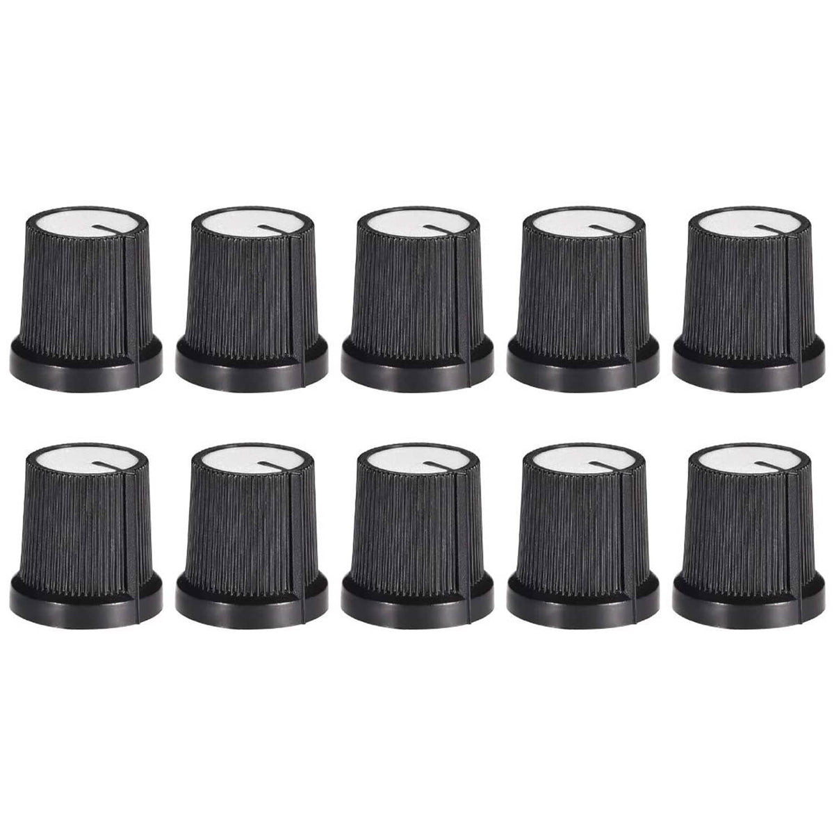 Set of 10 6mm shaft hole knobs, black knurled sides with white top inserts