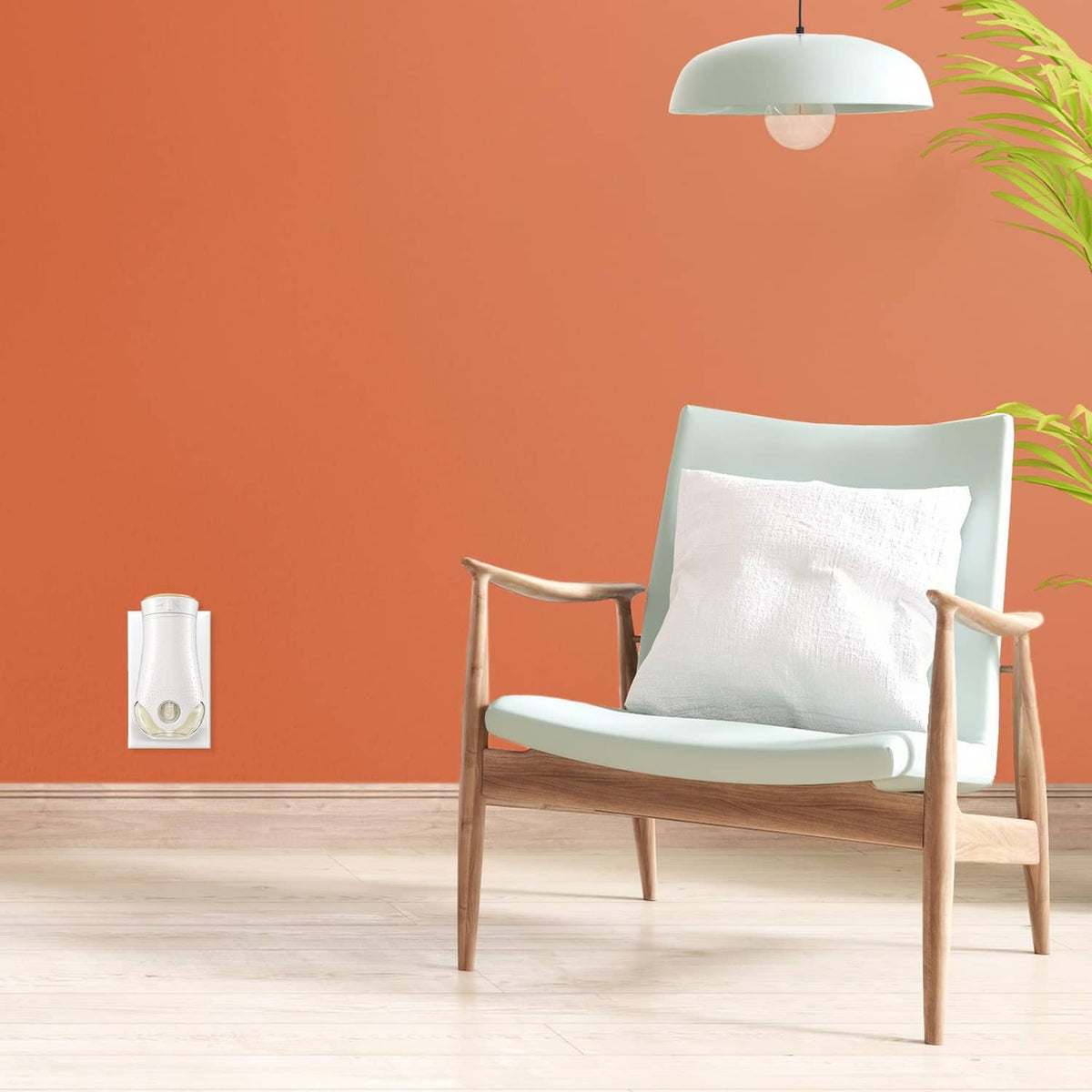 Air freshener refill bottle with white cap near armchair