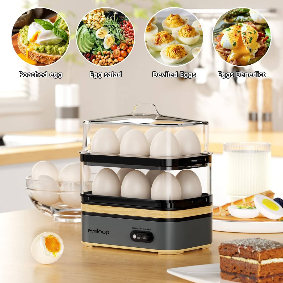 Electric 12-egg cooker on countertop with clear lid and boiled egg halves nearby