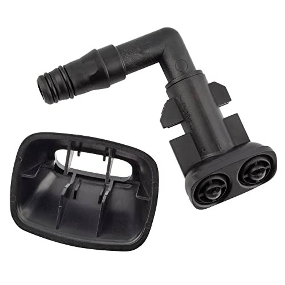 Black plastic headlight washer nozzle jet sprayer with base cover and dual outlet openings