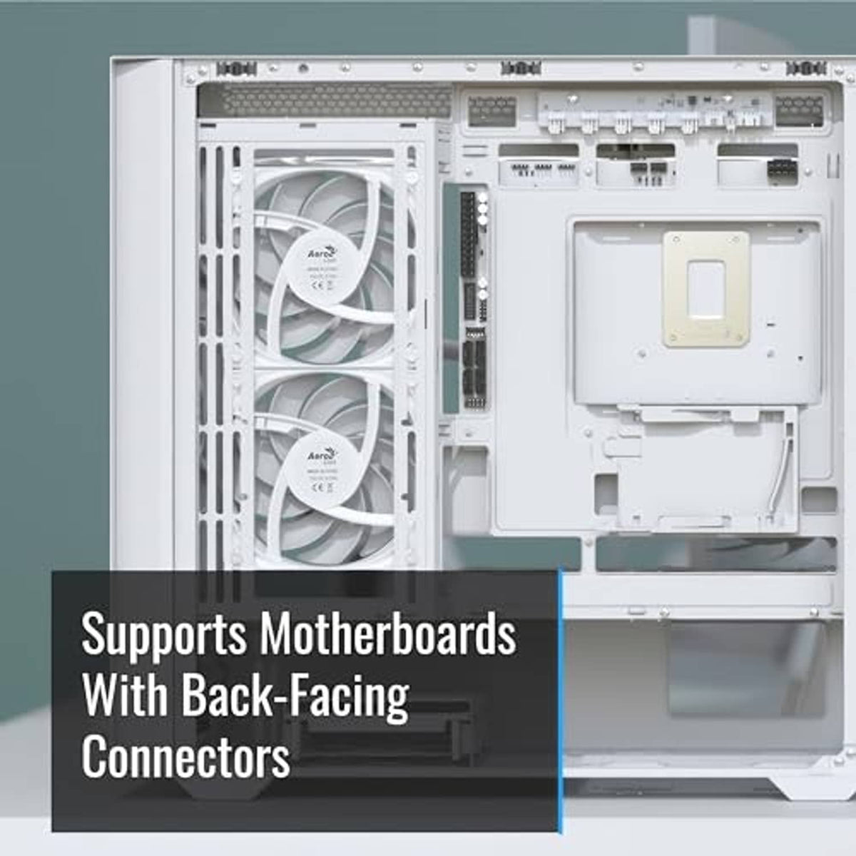 White mini tower PC case interior with back-facing motherboard connector area