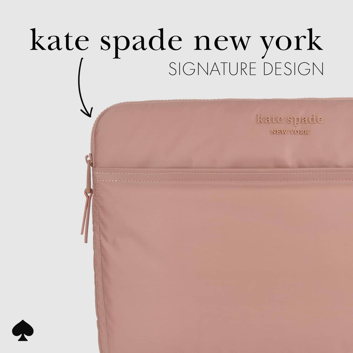 Rose laptop sleeve front with kate spade logo and zip pocket seam detail