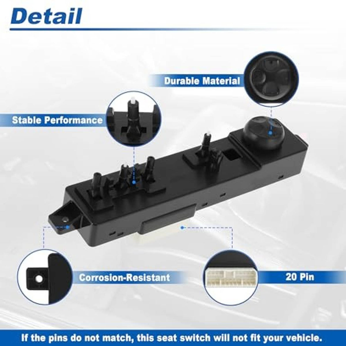 Black power seat switch detail showing knob, pins, and mounting holes along the bar
